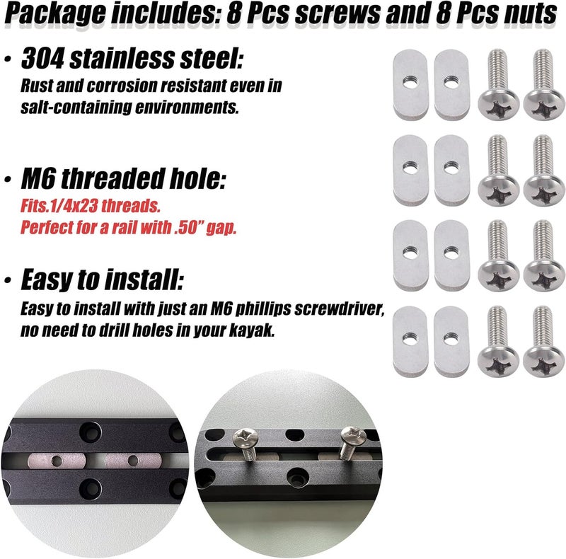 DoThisAllDay 304 Stainless Steel Kayak Rail/Track Screws 304 SS Track Nuts Kayak Hardware Mount Tie Down Eyelet Rail Kayak Mounting Screws Gear Mounting Replacement Kit for Kayaks Rails Screws Canoes Boats - Image 2